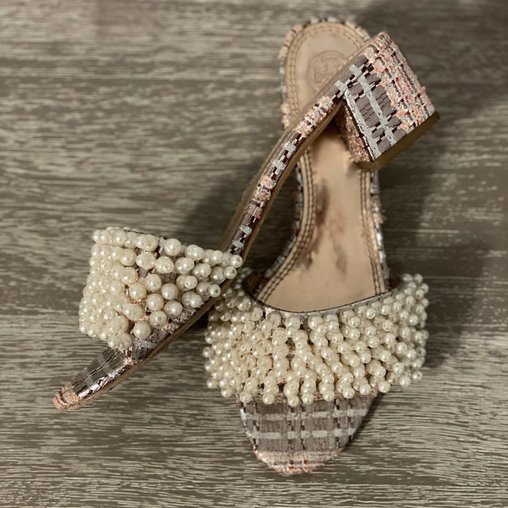 Tory Burch Pearl-Embellished Tweed Block Heel Sandals in Ivory and Metallic